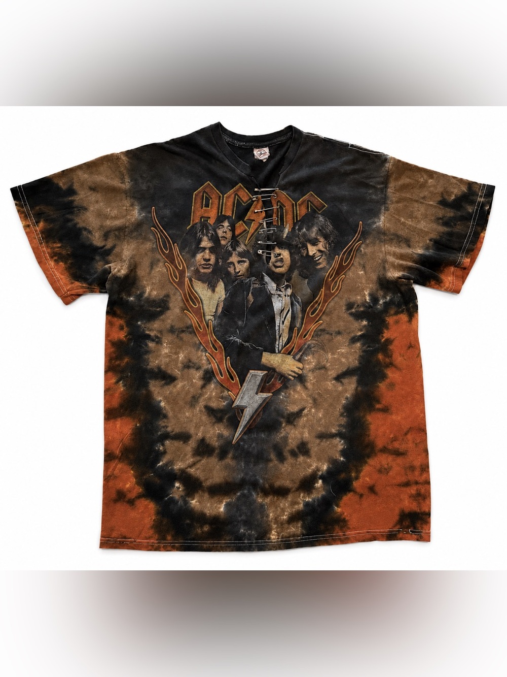 Vintage AC/DC safety pinned Black and Brown Tie-Dye Band T-shirt, tee- XXL